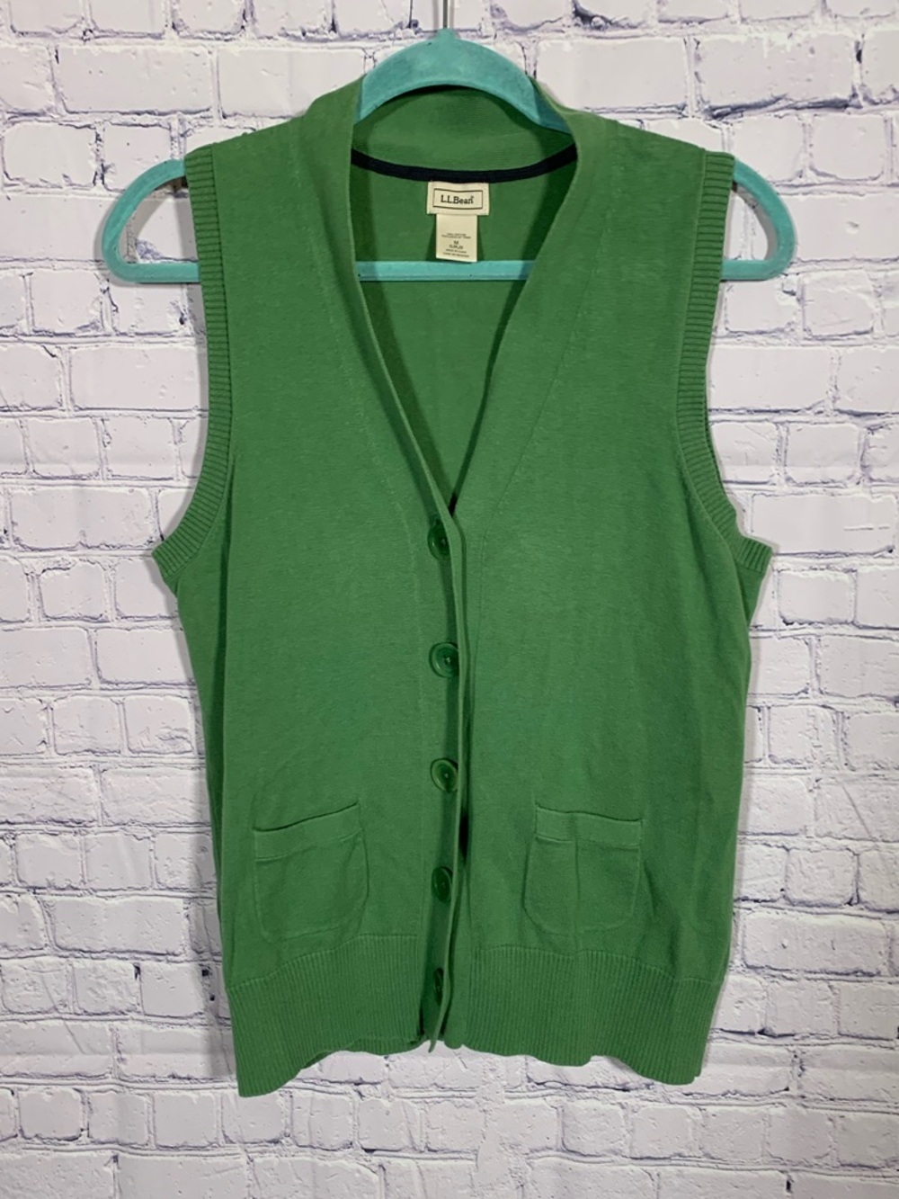 L.L.Bean Womens VTG Button Down V-Neck Vest Green Sz M Preppy Old Money Academia